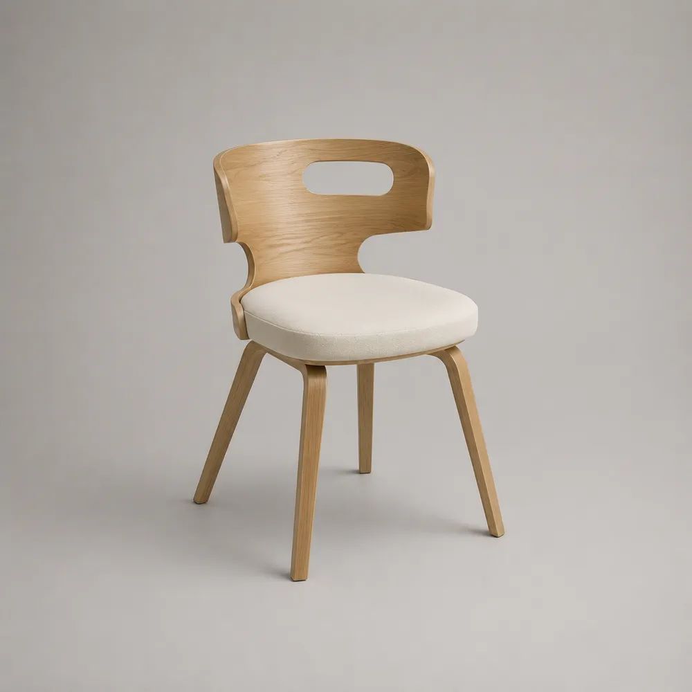 Sedia da pranzo imbottita in compensato impiallacciato rovere e poliestere crema, 52 x 55 x 78 cm