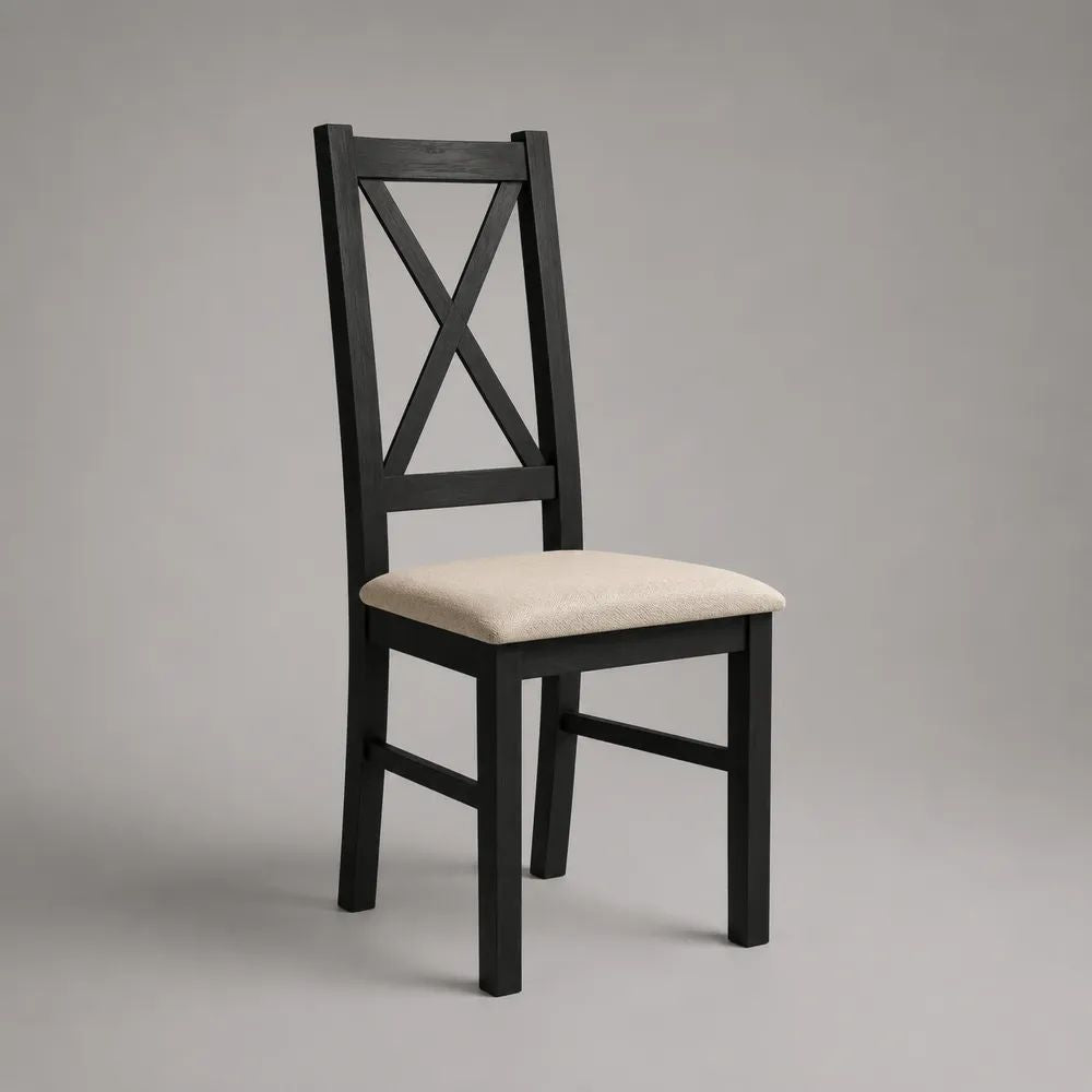 Sedia da pranzo in legno massello con seduta imbottita e schienale a X, nero e beige, 43 × 48 × 95 cm