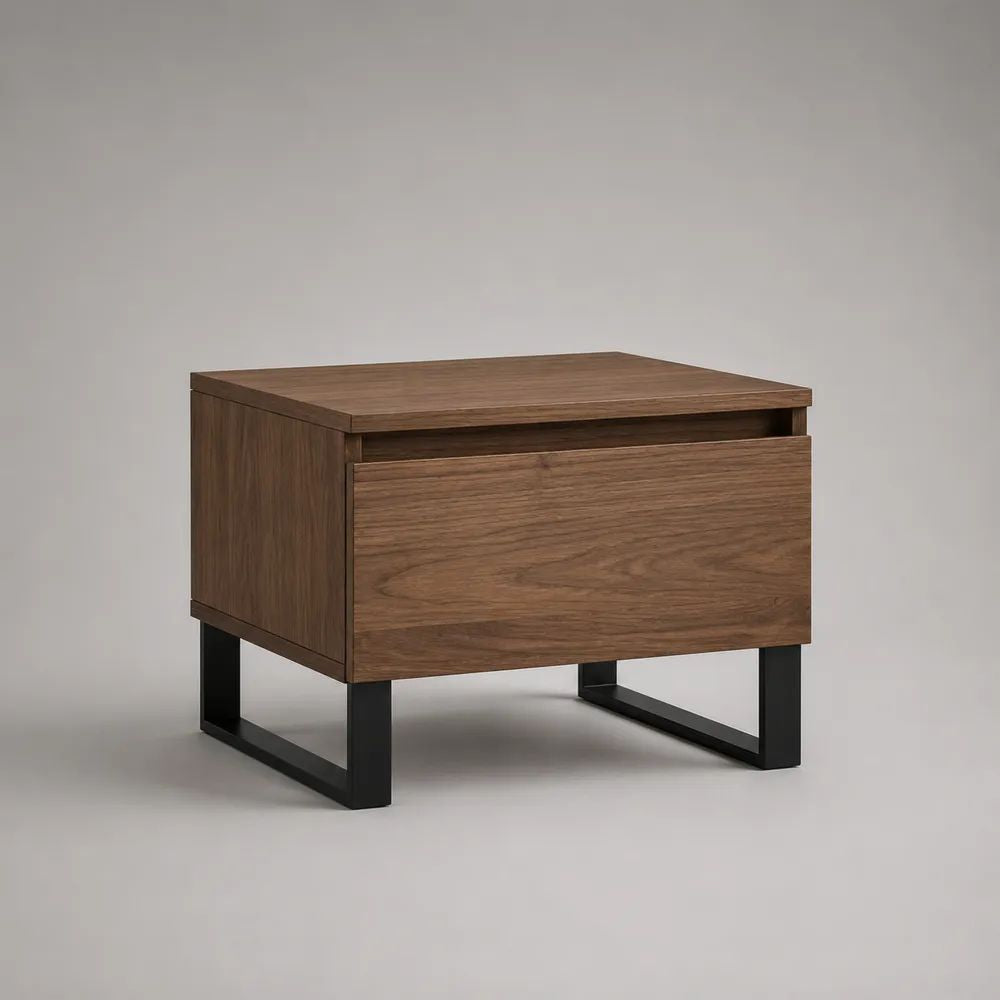 Tavolino da salotto rettangolare in MDF impiallacciato noce con cassetto, vano aperto e struttura in acciaio nero, 60 x 45 x 55 cm