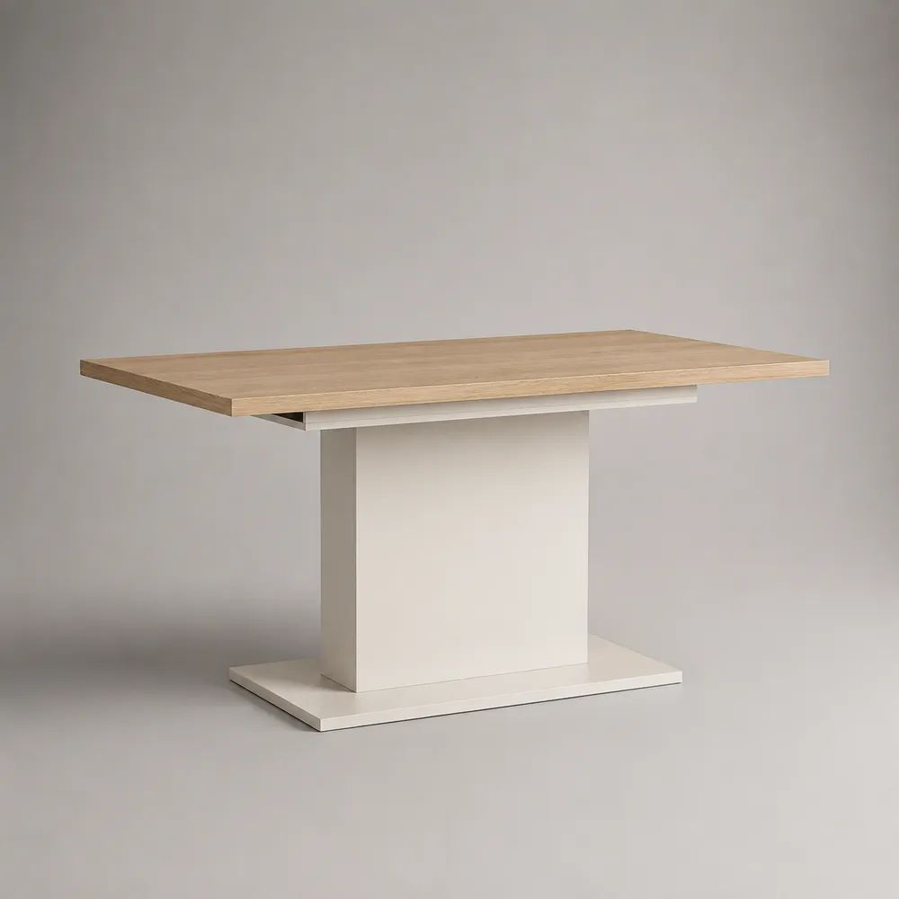 Tavolo da pranzo rettangolare allungabile in legno, rovere chiaro e bianco, 120-160 × 80 × 76 cm