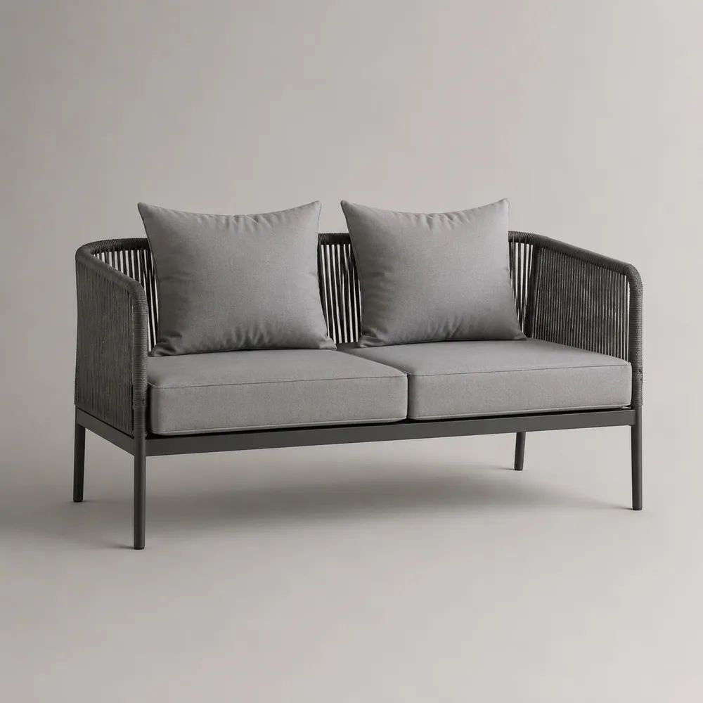 Divano da giardino a 2 posti in acciaio e corda PE con cuscini grigi, 132 x 72 x 78 cm