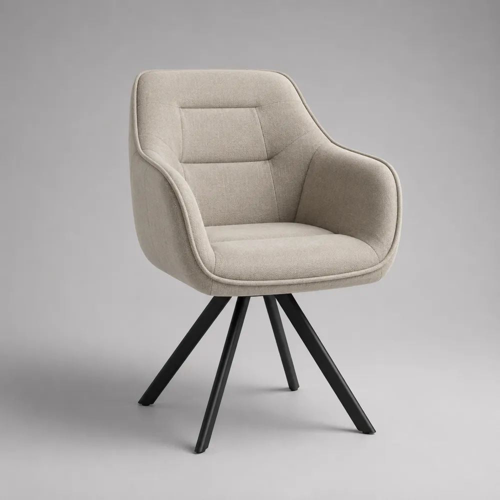 Sedia da pranzo girevole imbottita con braccioli, rivestimento beige e gambe in acciaio nero, 60 x 62 x 85 cm