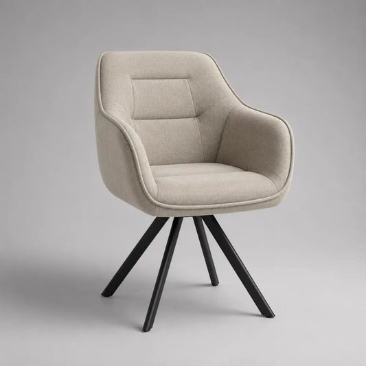 Sedia da pranzo girevole imbottita con braccioli, rivestimento beige e gambe in acciaio nero, 60 x 62 x 85 cm
