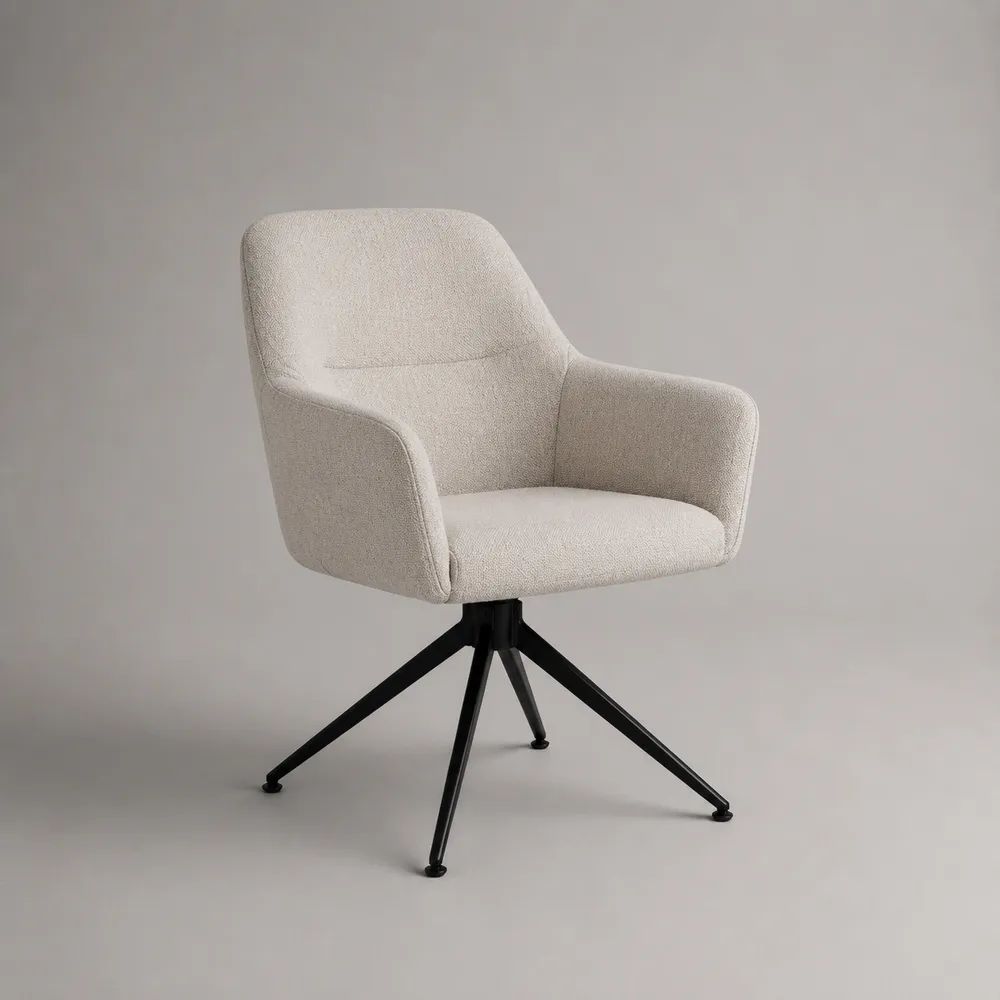 Sedia da pranzo girevole imbottita con braccioli, schienale curvo, rivestimento bouclé beige e base in acciaio nero, 60 × 62 × 82 cm