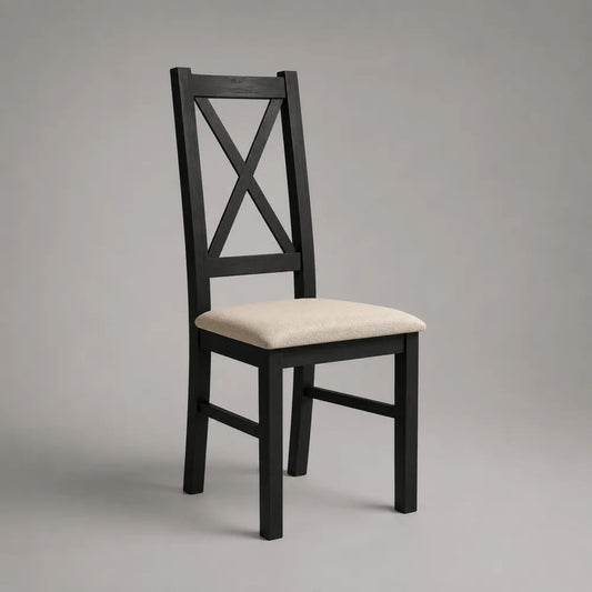 Sedia da pranzo in legno massello con seduta imbottita e schienale a X, nero e beige, 43 × 48 × 95 cm
