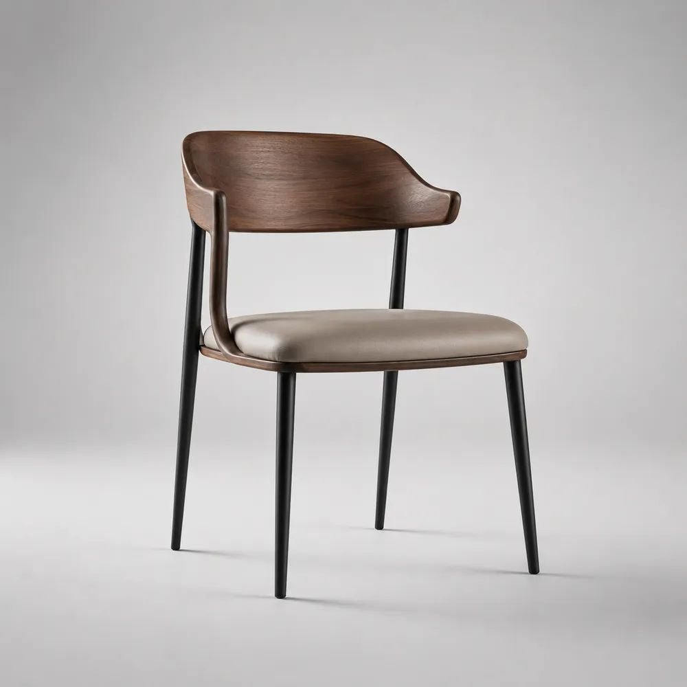 Sedia da pranzo imbottita in similpelle con schienale curvo in legno e gambe in acciaio, 56 x 56 x 78 cm, marrone noce, tortora e nero