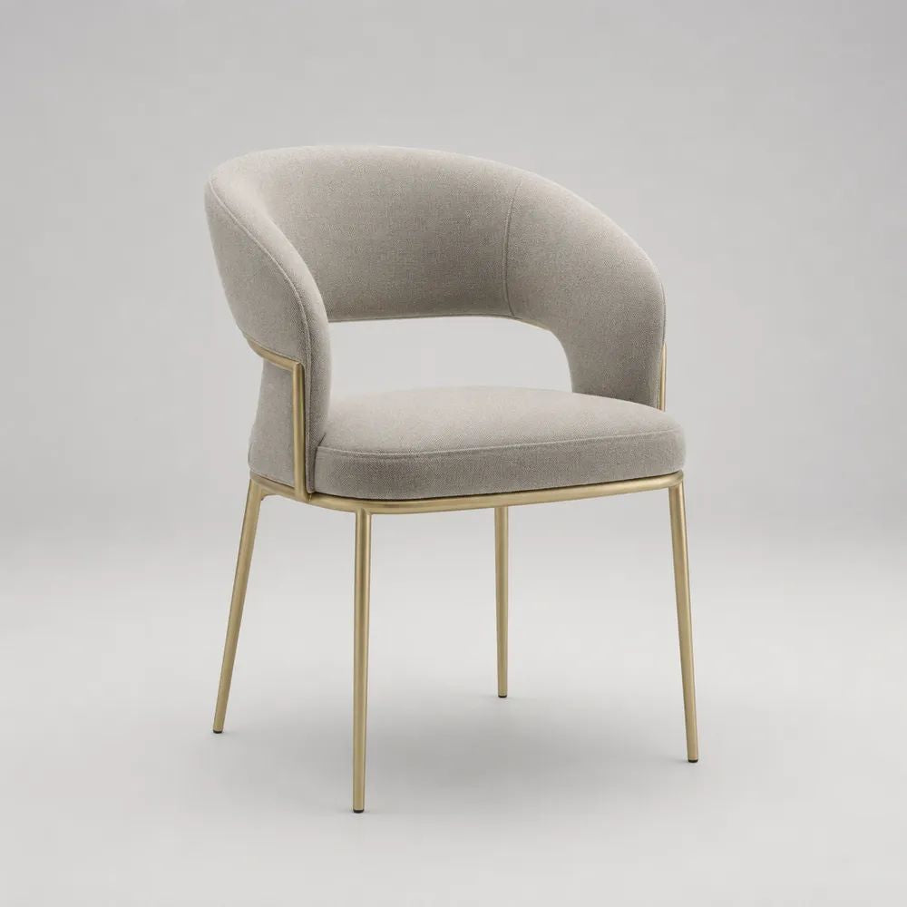 Sedia da pranzo imbottita con braccioli in poliestere beige e acciaio color oro, 58 x 56 x 78 cm