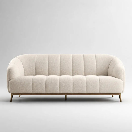 Divano 3 posti in tessuto bouclé crema con schienale scanalato, forma arrotondata e gambe in acciaio, 210 x 85 x 78 cm