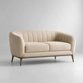 Divano curvo a 2 posti in bouclé di poliestere beige con gambe in legno massello color noce, 170 x 82 x 78 cm