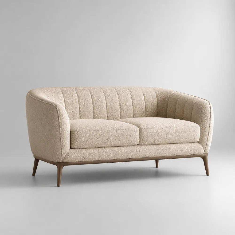 Divano curvo a 2 posti in bouclé di poliestere beige con gambe in legno massello color noce, 170 x 82 x 78 cm