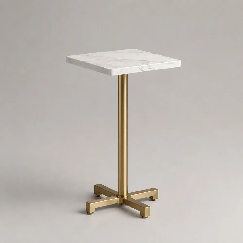 Tavolo da bar quadrato 60 × 60 × 105 cm con piano effetto marmo bianco e base in acciaio dorato