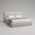 Letto matrimoniale contenitore imbottito in bouclé beige con rete a doghe, per materasso 160 x 200 cm, dimensioni 180 x 220 x 110 cm