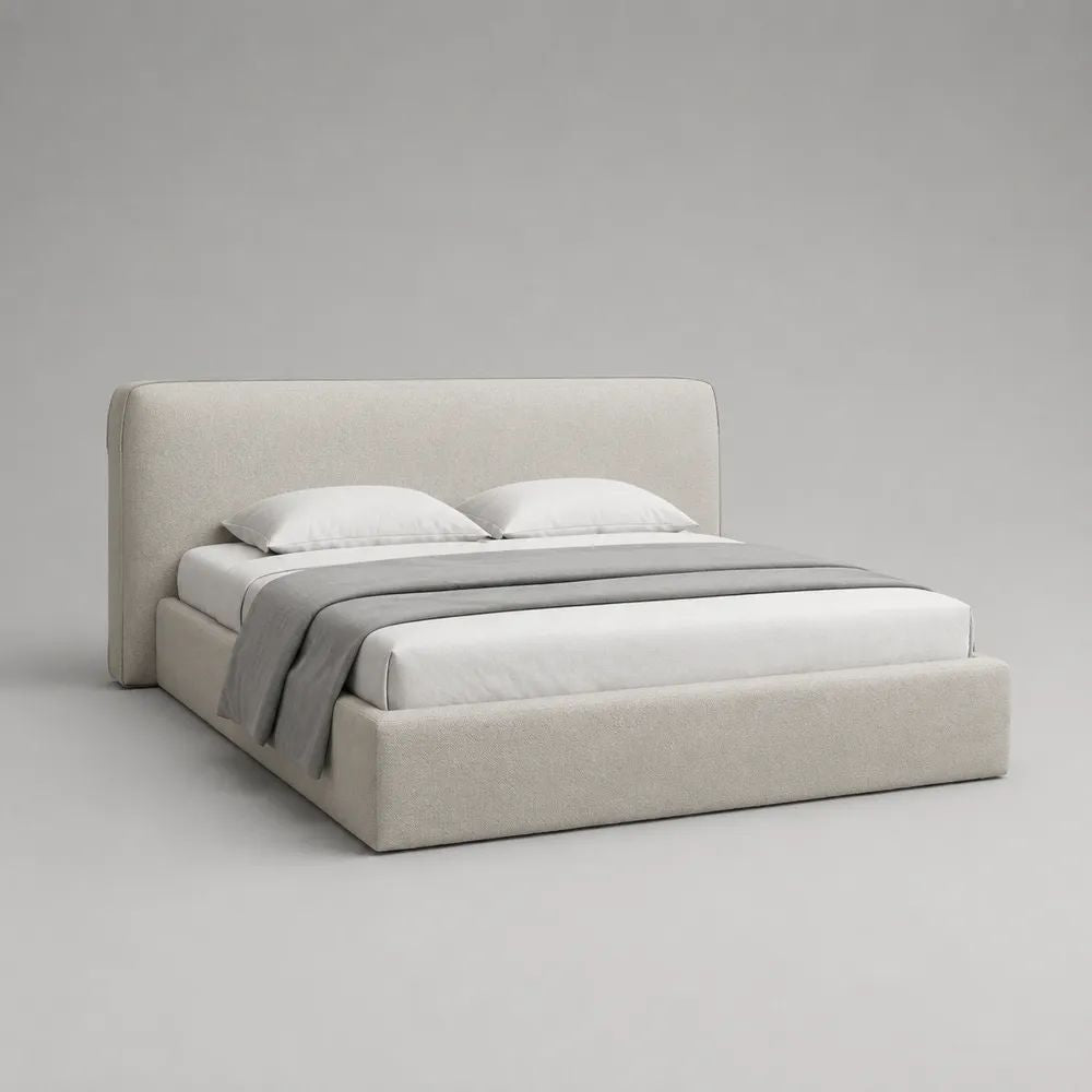 Letto matrimoniale contenitore imbottito in bouclé beige con rete a doghe, per materasso 160 x 200 cm, dimensioni 180 x 220 x 110 cm