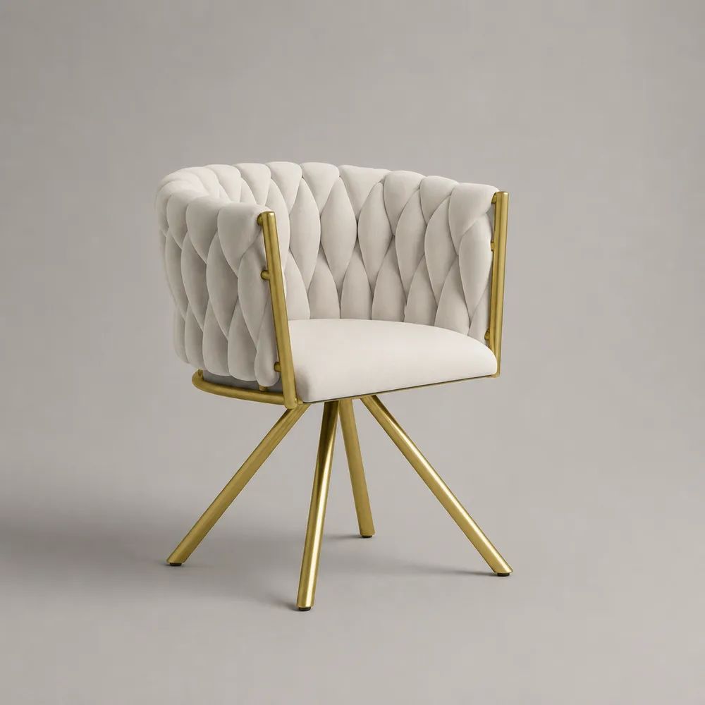 Sedia da pranzo imbottita in velluto di poliestere bianco crema con struttura in acciaio dorato, 64 x 61 x 80 cm