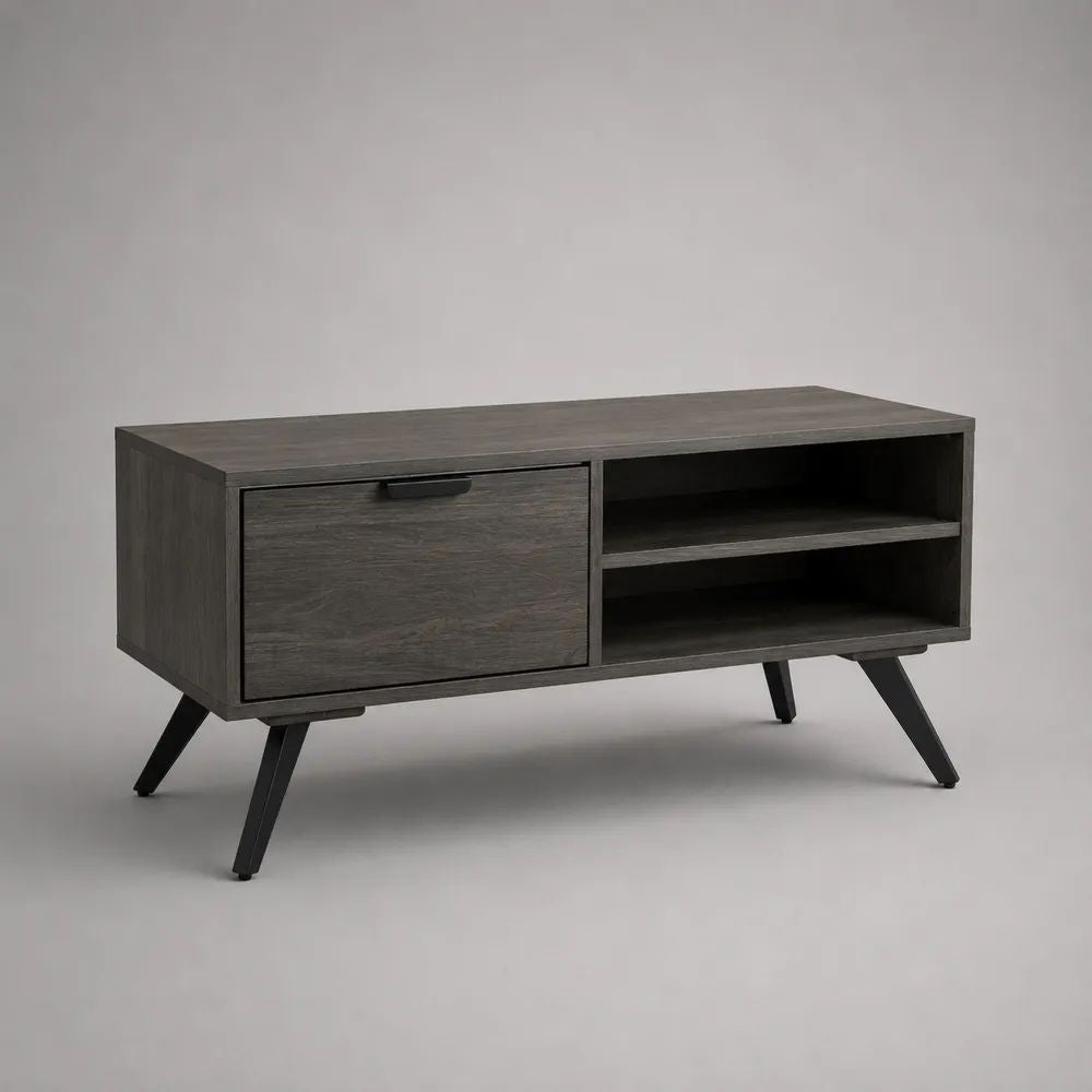 Tavolino da salotto rettangolare con anta e 2 ripiani in legno e acciaio, grigio antracite e nero, 100 x 40 x 55 cm