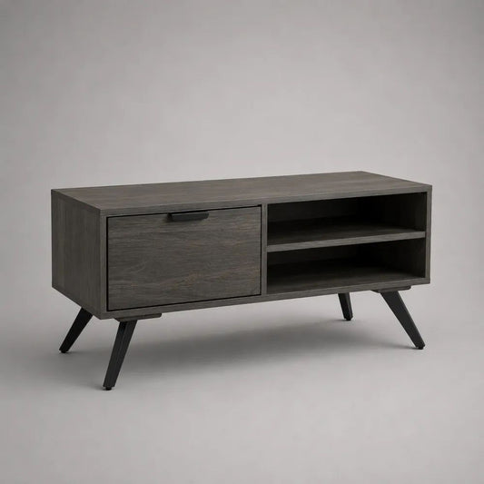 Tavolino da salotto rettangolare con anta e 2 ripiani in legno e acciaio, grigio antracite e nero, 100 x 40 x 55 cm