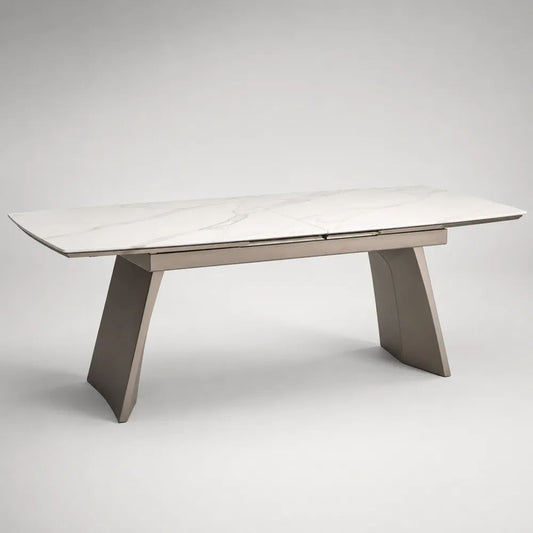 Tavolo da pranzo rettangolare allungabile in ceramica sinterizzata e acciaio, bianco marmorizzato e tortora, 160-200 x 90 x 76 cm