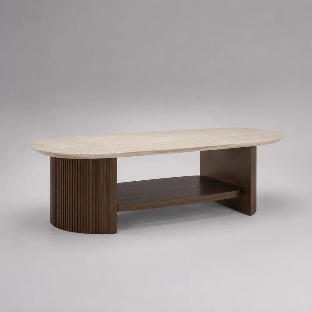Tavolino da salotto ovale in pietra sinterizzata e legno, beige e marrone noce, 120 x 60 x 45 cm