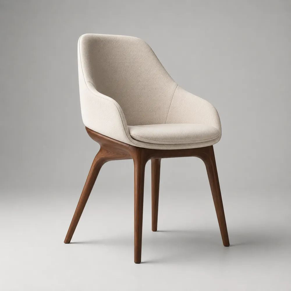 Sedia da pranzo imbottita con braccioli, schienale avvolgente, rivestimento beige e gambe in legno marrone noce, 60 x 61 x 84 cm