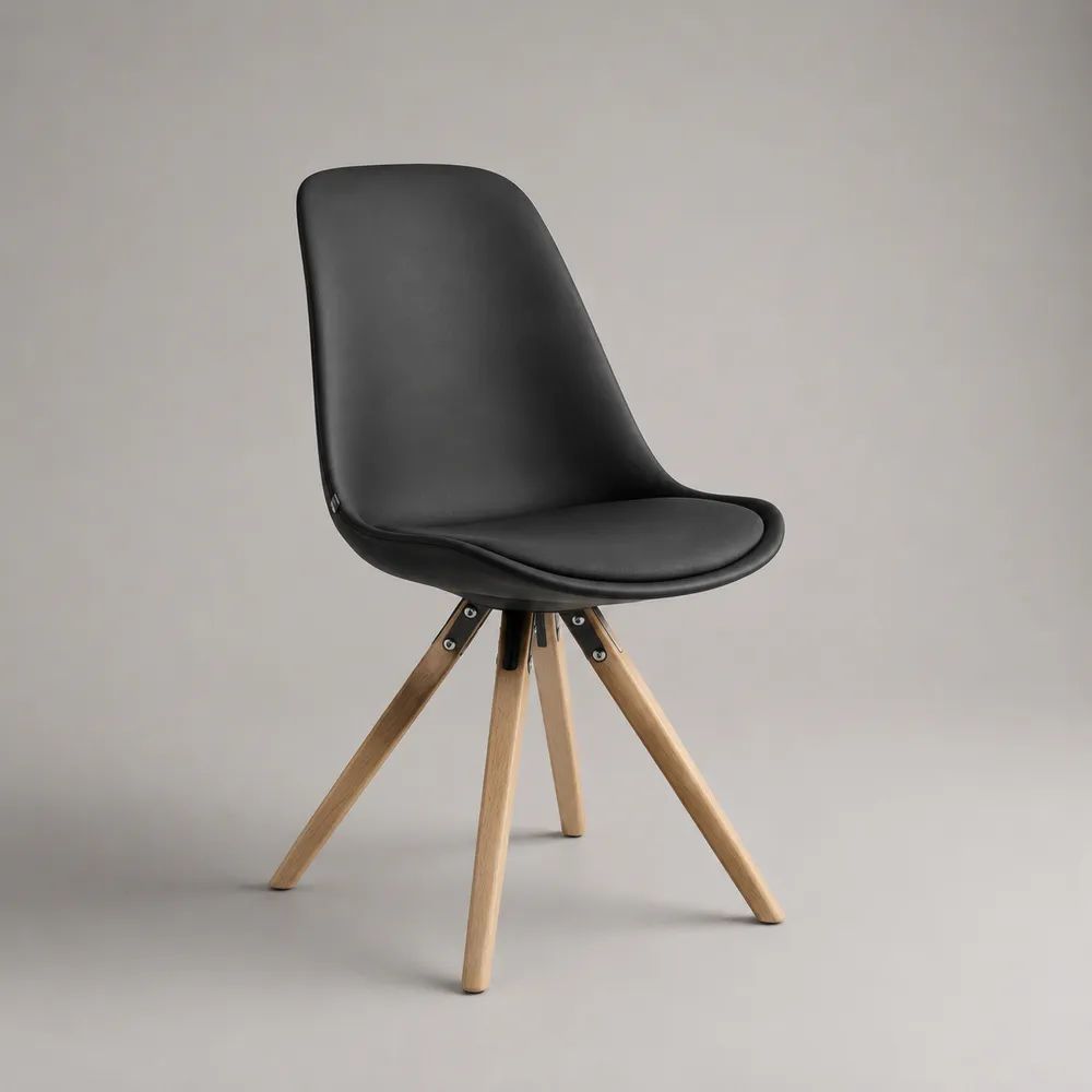 Sedia da pranzo imbottita in similpelle nera con gambe in legno, 48 x 55 x 83 cm