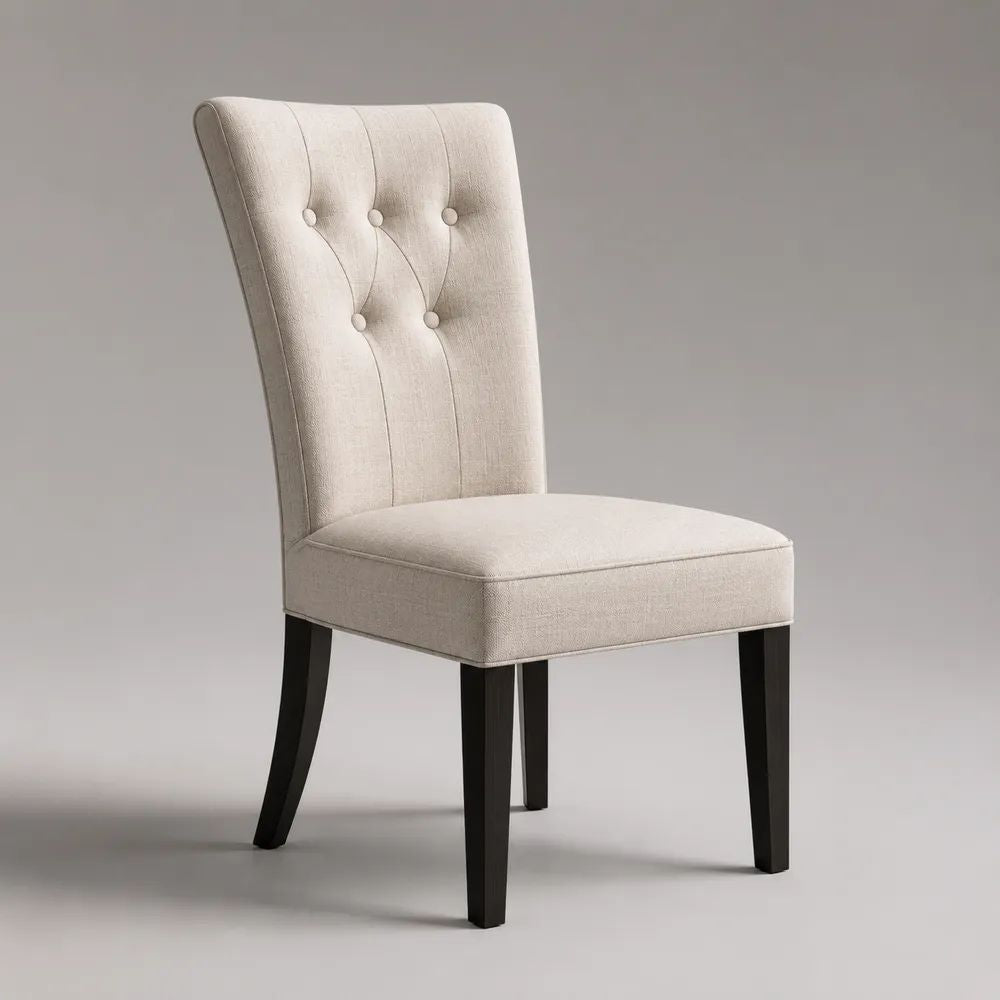 Sedia da pranzo imbottita in tessuto beige con schienale alto capitonné e gambe in legno nere, 47 x 58 x 100 cm